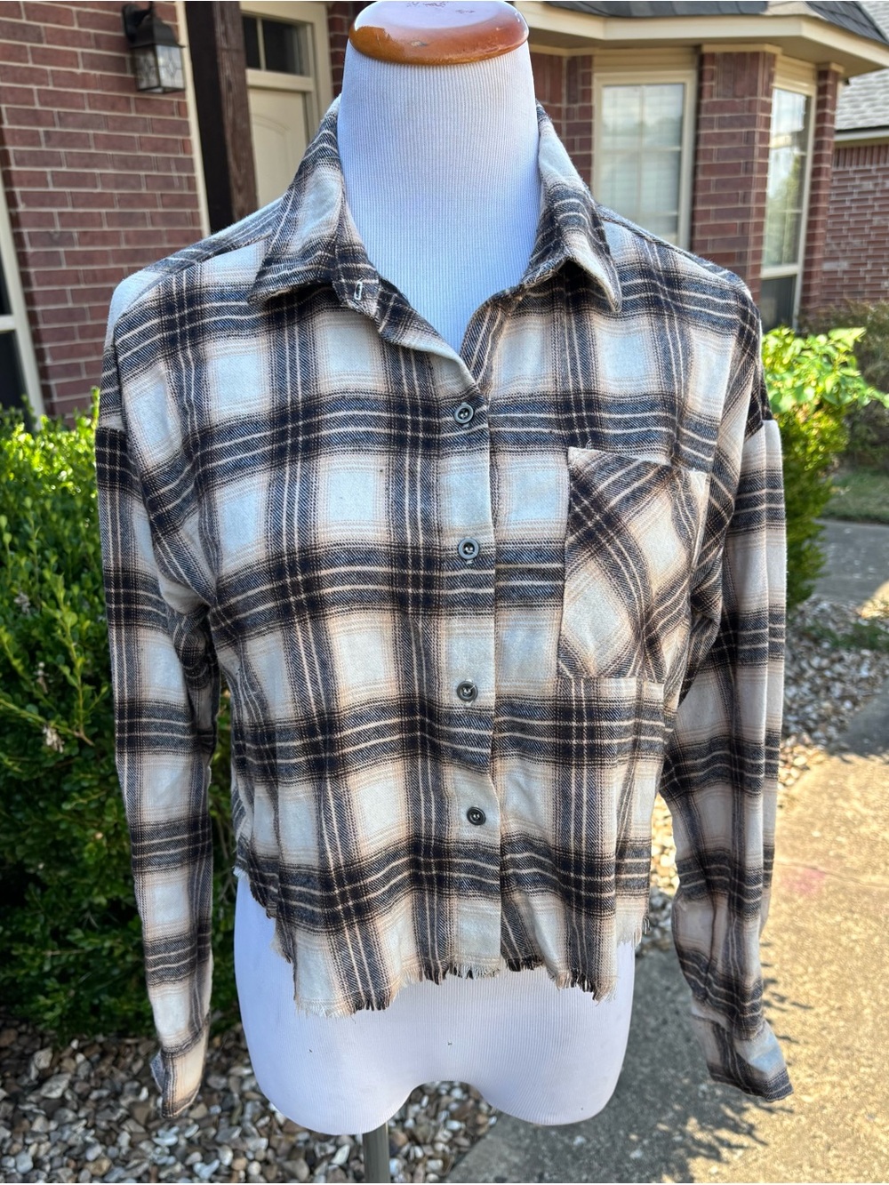 J for Justify Plaid Button-Down Cropped Shirt in Brown and Cream